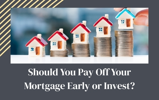 Stacked coins with small house models on top, symbolizing the trade-off between paying off a mortgage or investing for long-term growth.